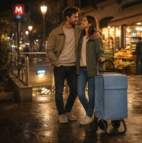 Pareja caminando por la ciudad con carro de compra Rolser color mar
