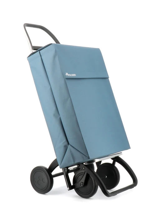 Carro de compra Rolser color mar con sistema de 4 ruedas en vista frontal lateral