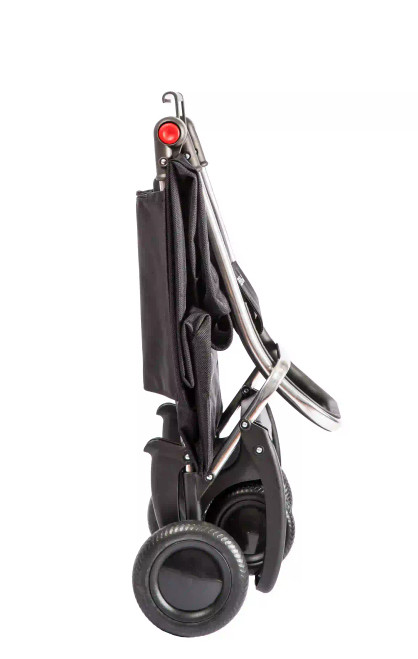 Carro Rolser azul-negro plegado mostrando formato compacto y ruedas recogidas