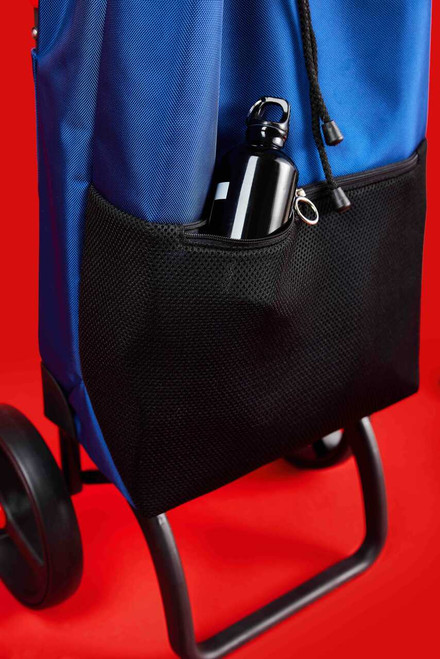 Bolsillo frontal de tela rejilla con botella en carro Rolser azul-negro
