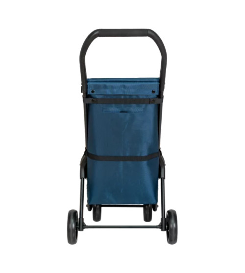 Carro de compra azul con estructura plegable visto desde atrás