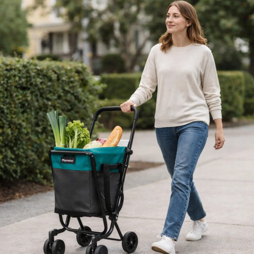 Carro de la compra Playmarket easy go gris zafiro en uso por la calle con mercado