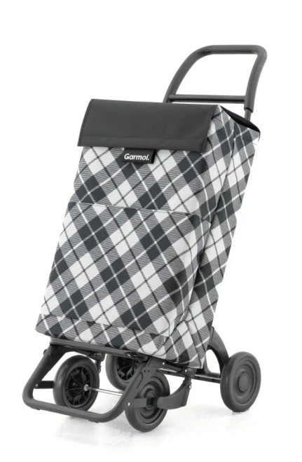 Carro de compra Garmol 4 ruedas diseño cuadros negros perspectiva lateral