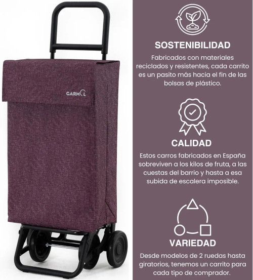 Carro de compra Garmol color berenjena sostenible y resistente fabricado con materiales duraderos