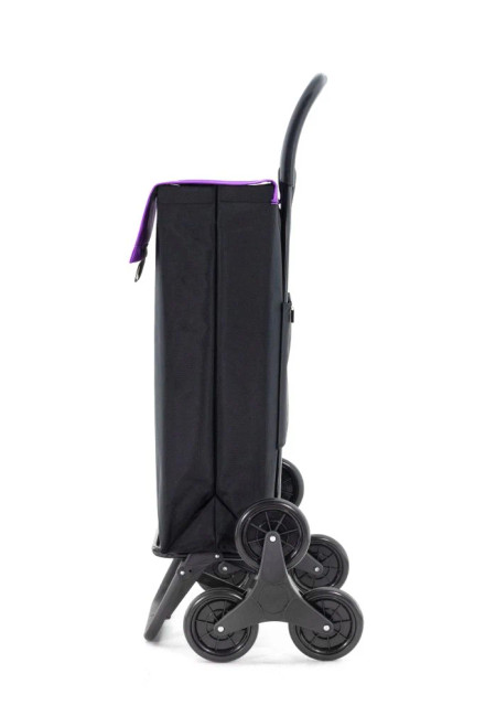 Carrito de compra Garmol travel negro con detalle violeta vista lateral con sistema de 6 ruedas