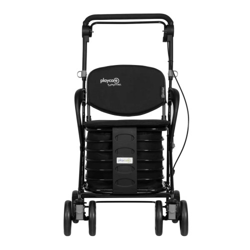 Vista frontal del carro de la compra Playcare care one negro con respaldo, asiento integrado y reflectante frontal