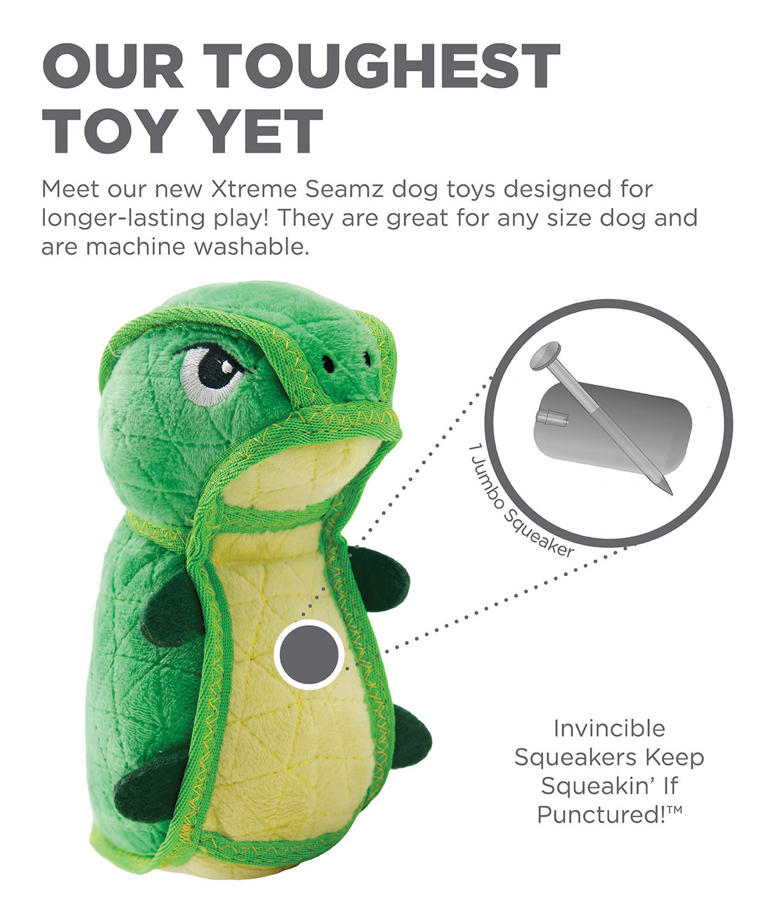 Outward Hound Xtreme Seamz Dino Plush Dog Toy, Green, Medium