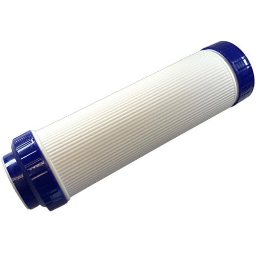 J.Racenstein Cartridge Empty 2.5in x 10in Blue, a white water filter cartridge with blue end caps, designed for filtration systems.