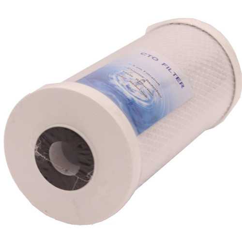 ProTool Carbon 4.5 inch x 10 inch Water Filter Cartridge, cylindrical water filter with white exterior and a label indicating filtration specifications.