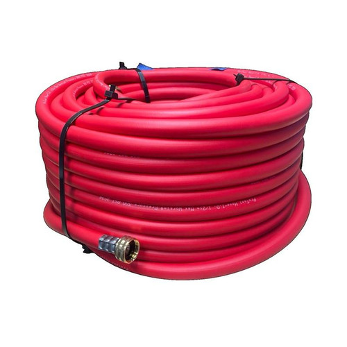 ProTool Ultra Light Hybrid Hose 300 PSI, coiled red air hose with black straps and metal fitting at the end for pneumatic tools.