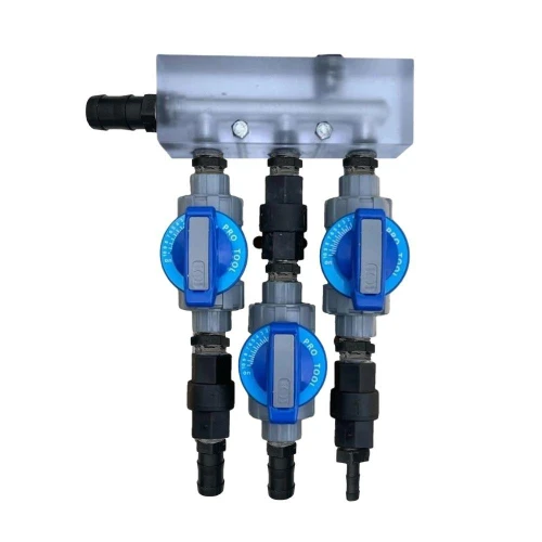 ProTool Soft Wash Metering Block, plastic water spray valve system for controlled application of cleaning solutions.