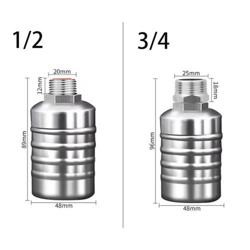 ProTool Float Valve Stainless Steel Tank Shutoff, detailed image showing side and top dimensions of the float valve for tanks.