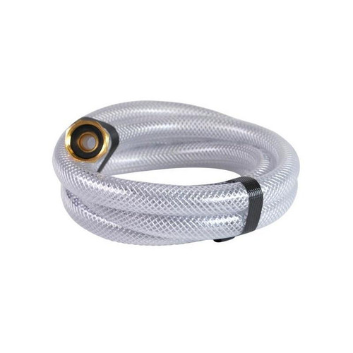 J.Racenstein Hose 1/2in Clear Braided, flexible transparent braided hose coiled for use in various fluid transfer applications.