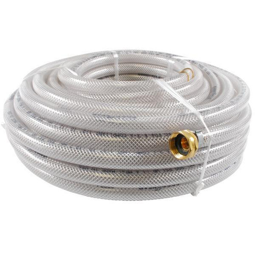J.Racenstein Hose 1/2in Clear Braided, coiled transparent reinforced flexible hose with brass fitting.