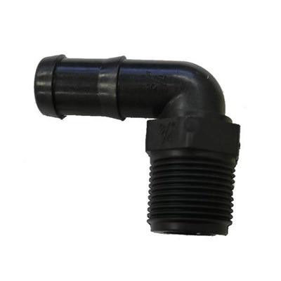 J.Racenstein Barb 3/4in to 3/4in Thread 90deg, black plastic pipe fitting with a 90-degree angle and threaded ends for plumbing connections