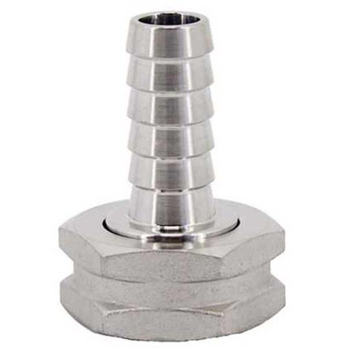 J.Racenstein Hose Barb SS 3/4in Barb to 3/4in Garden Hose Female, stainless steel hose barb fitting for garden hoses.
