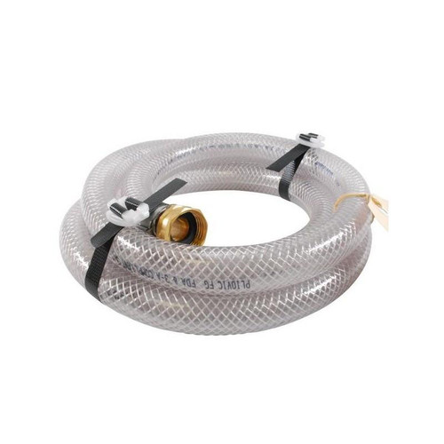 J.Racenstein Hose 3/4in Clear Braided, transparent flexible hose coiled in a circular shape with brass fitting and black straps for securement.