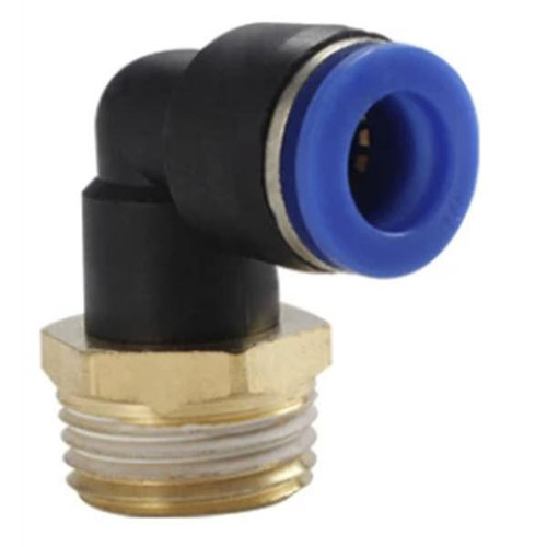 ProTool Elbow 1/4in NPT to 5/16in (8mm) PushFit, close-up view of the elbow fitting with brass base, black and blue plastic connections for pneumatic or fluid transfer.