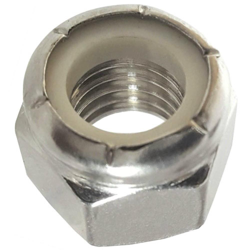 J.Racenstein Hex Nut Nylon 1/4-20 SS, close-up view of a metal hex nut with internal threading for fastening.