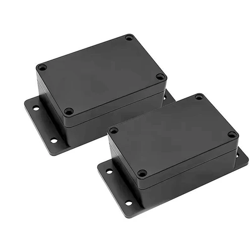 J.Racenstein Enclosure Box 4in x 2.68in x 2in Black, two black plastic waterproof project enclosures with mounting flanges and screw holes for electronic component protection.