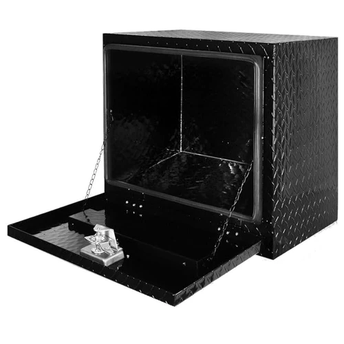 ProTool Reel Stand Aluminum Box 18w x17d x 18h, black metal reel stand with diamond plate surface and swing-open lid.