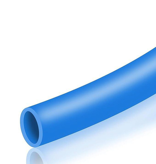 J.Racenstein Tube 1/2in PU 9.5mm ID per foot - Blue, blue polyurethane tubing with smooth surface and open end, suitable for industrial or plumbing applications.