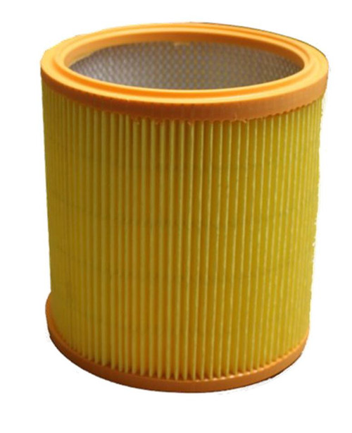 J.Racenstein Vacuum HEPA Cartridge for Barrel Vac, yellow cylindrical air filter with pleated design and orange rubberized edges.