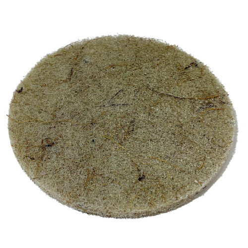 ProTool Coconut Shell Natural Fiber 5in Round Scrub Pad, close-up of a textured, biodegradable cleaning scrub pad made from coconut shell fibers with a rough surface for scrubbing.
