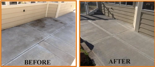 Deco Products Inc. Salt Shield Sealer 5 Gallon Deco, before and after image showing the concrete patio cleaning and sealing results with a noticeable difference in cleanliness and protection.