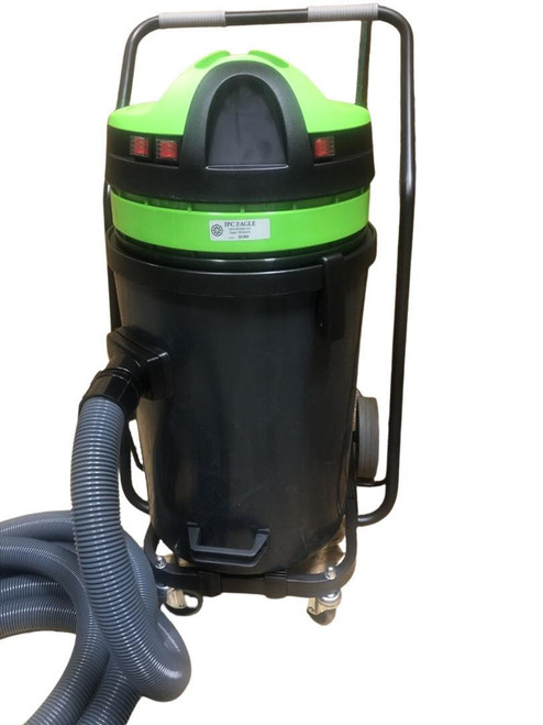 Pulex Vacuum 24ga 3 Motor Sideport with Standard Filter, portable industrial vacuum cleaner with black and green body, hose, and wheels for cleaning applications.
