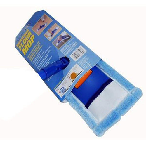 Ettore Mop Head with microfiber pad, blue microfiber mop head and handle included in packaging for cleaning.