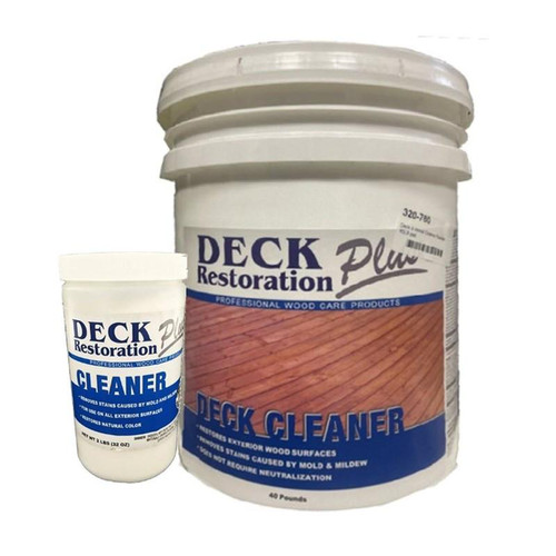 J.Racenstein Deck & Wood Cleaner DRP, large container of professional deck and wood surface cleaning product with a smaller bottle of cleaner beside it.