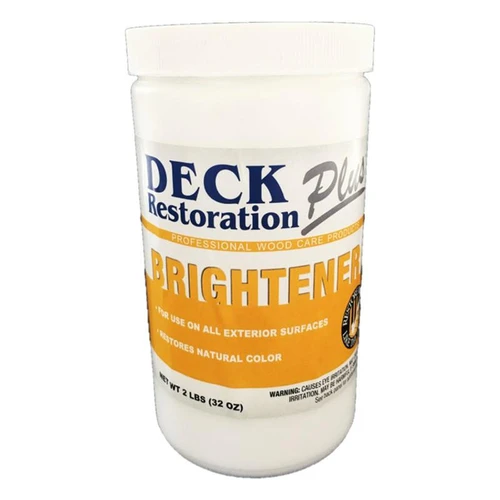 J.Racenstein Deck & Wood Brightener, a white container with a label detailing the product for brightening and restoring natural color of exterior wood surfaces.