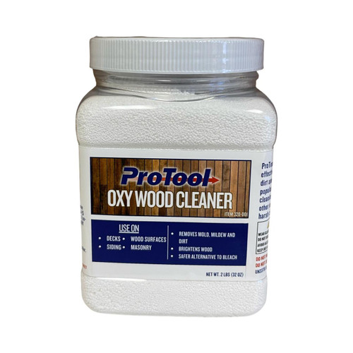 ProTool Oxy Wood Cleaner, container of white powder cleaner for wood surfaces.