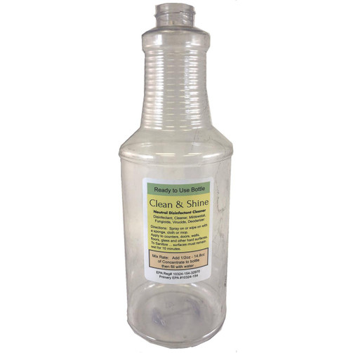 ProTool Bottle 32oz with Clean & Shine Label, clear plastic ready-to-use disinfectant cleaner bottle for sanitizing surfaces.