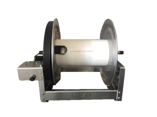 J.Racenstein Reel Electric Rewind Alum 12in 200/300ft, metallic reel with electric rewind mechanism and sturdy frame.