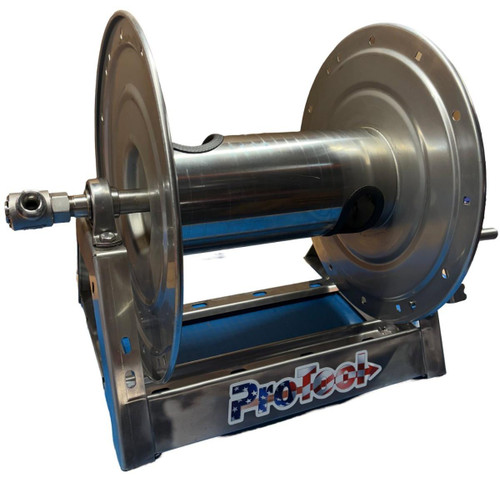 ProTool Reel Stainless Steel for 325ft 1/2in or 400ft 3/8in hose 4000psi, metallic reel with sturdy stand and hose guide, durable industrial hose reel for heavy-duty use.