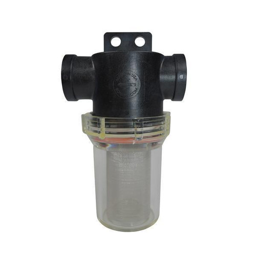 J.Racenstein Filter 3/4in 40 Mesh SS Screen Clear Hou, water filter with black T-shaped body and transparent sediment screen container.