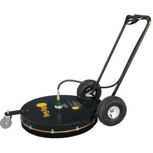 PressurePro Whisper Wash 36in MAX 4 Nozzle, image of a portable pressure washer with a black circular base, a long handle, and two wheels for mobility.