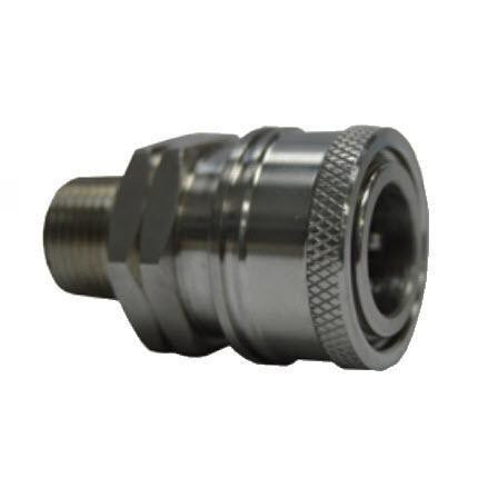 PressurePro Coupler 3/8 MPT SS Socket, a metal industrial coupling with threaded connector designed for secure fluid transfer.