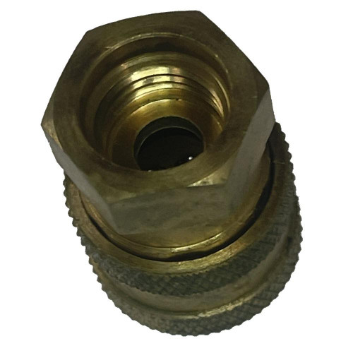 ProTool Chem Sprayer Coupler 1/4 inch Brass, close-up of metallic brass connector with threaded interior for garden sprayer attachment.