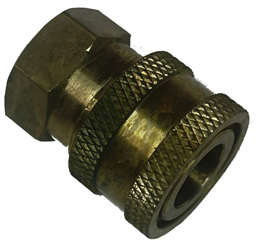 ProTool Chem Sprayer Coupler 1/4 inch Brass, image of a brass coupler with a knurled grip and hexagonal fittings designed for spray equipment.