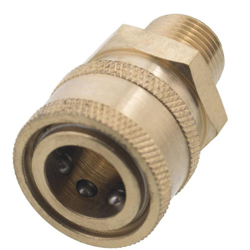 ProTool Coupler 3/8 MPT Brass, close-up of brass plumbing coupler with threaded end and black sealing rubber inside for secure connections.