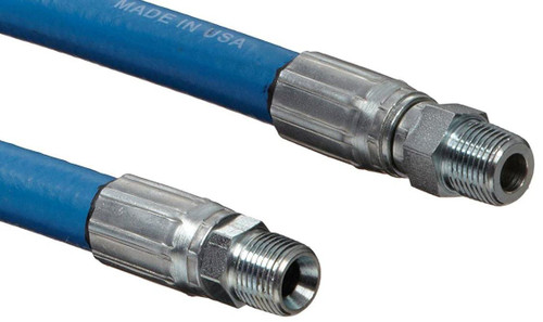 ProTool Hose for Solar Brush 1/4in 50ft, flexible blue hose with metal connectors on both ends, one end with 1/4 inch connection and the other with 3/8 inch connection, made in USA.