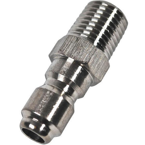J.Racenstein Plug 1/4in SS MPT, stainless steel industrial connector with threaded end for secure pipe or hose connection.