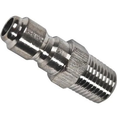 J.Racenstein Plug 1/4in SS MPT, stainless steel plug with a threaded end and a smooth cylindrical end for fittings.