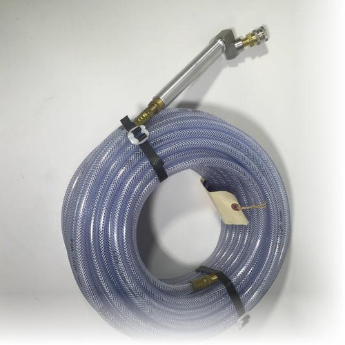 J.Racenstein Softwashing Pole Adaptor - Low Pressure - 100ft hose, coiled clear hose with metallic connectors and a pole adaptor on top.