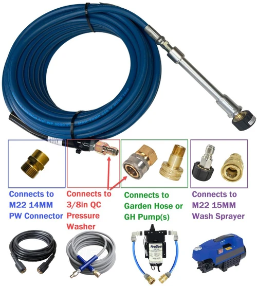 J.Racenstein Rotary Brush Pole and Hose Adaptor 50ft 3200psi, image showing a blue high-pressure hose with various connectors for pressure washers, garden hoses, and spray guns.