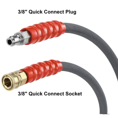 J.Racenstein Hose PW 5ft Whip Connector 3/8in PW, close-up of a flexible hose with red protective cover, metallic quick connect plug and socket with 3/8 inch fittings for easy connection.