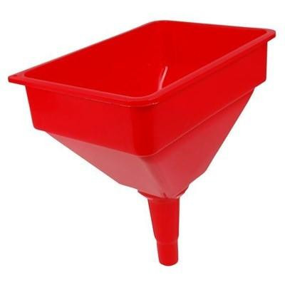 J.Racenstein Funnel 7in x 10in, red plastic funnel with a rectangular shape and narrow spout for pouring liquids or granular materials.